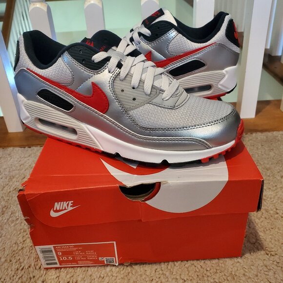 DS Nike Air Max 90 Mens running shoe sz 9 Photon Dust/university red silver - Picture 1 of 10